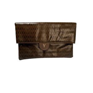 Authentic Valentino Vintage Brown V Monogram Clutch Foldover Faux Leather Womens